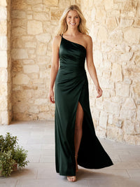 Satin One Shoulder Pleats Bridesmaid Dresses with Slit