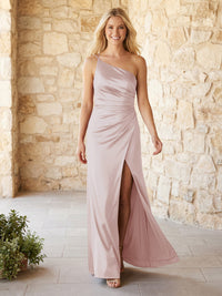Satin One Shoulder Pleats Bridesmaid Dresses with Slit