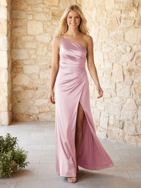Satin One Shoulder Pleats Bridesmaid Dresses with Slit