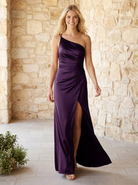 Satin One Shoulder Pleats Bridesmaid Dresses with Slit