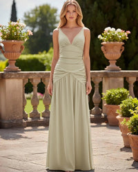 Satin V Neck Corset Ruffles Pleated Bridesmaid Dresses