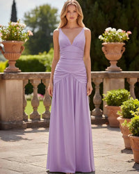 Satin V Neck Corset Ruffles Pleated Bridesmaid Dresses