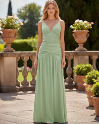 Satin V Neck Corset Ruffles Pleated Bridesmaid Dresses