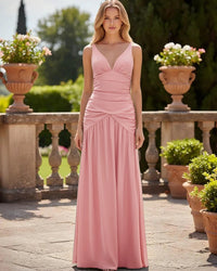 Satin V Neck Corset Ruffles Pleated Bridesmaid Dresses