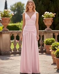 Satin V Neck Corset Ruffles Pleated Bridesmaid Dresses