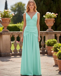 Satin V Neck Corset Ruffles Pleated Bridesmaid Dresses