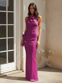 Satin Halter Pleated Long Mermaid Bridesmaid Dresses