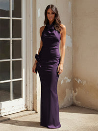 Satin Halter Pleated Long Mermaid Bridesmaid Dresses