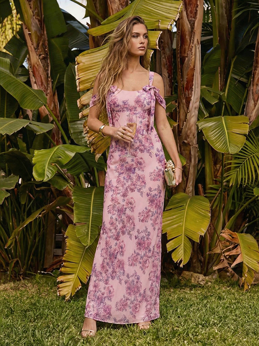 Floral Spaghetti Straps Ruffles Bridesmaid Dresses