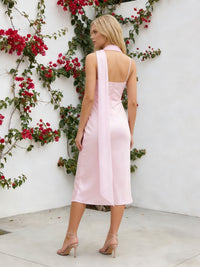 Satin V Neck Tea Length Bridesmaid Dresses with Scarf