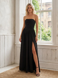 Chiffon Strapless Pleated Long Bridesmaid Dresses with Slit