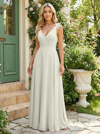 Chiffon V Neck Pleated Long Bridesmaid Dresses
