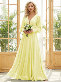 Chiffon V Neck Long Sleeves Pleated Bridesmaid Dresses
