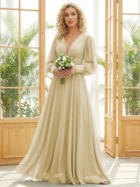 Chiffon V Neck Long Sleeves Pleated Bridesmaid Dresses