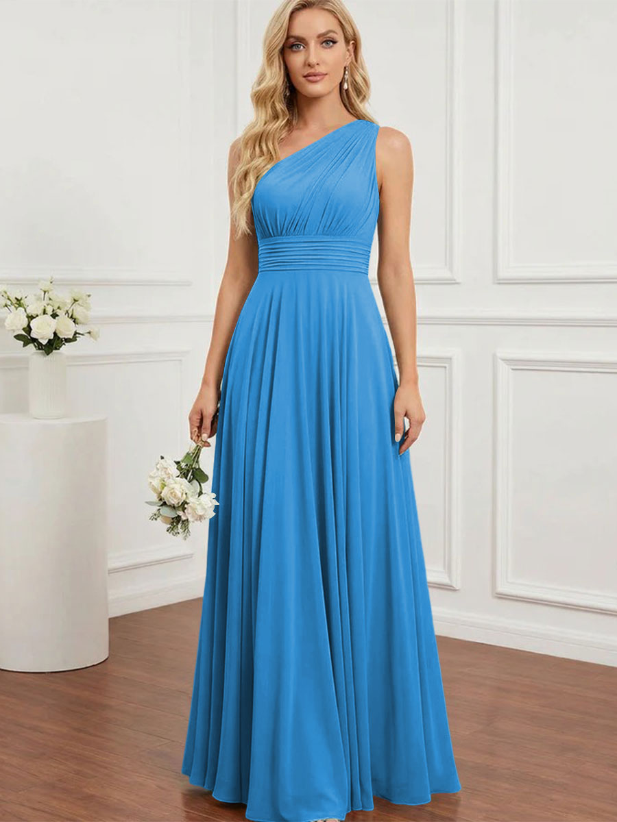 Chiffon One Shoulder Pleated Bridesmaid Dresses with Back Tie