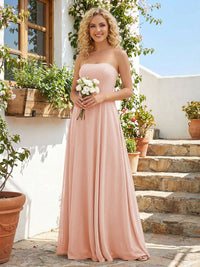 Chiffon Strapless A Line Long Bridesmaid Dresses with Back Tie