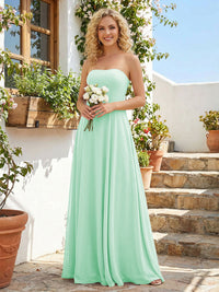 Chiffon Strapless A Line Long Bridesmaid Dresses with Back Tie