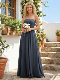 Chiffon Strapless A Line Long Bridesmaid Dresses with Back Tie