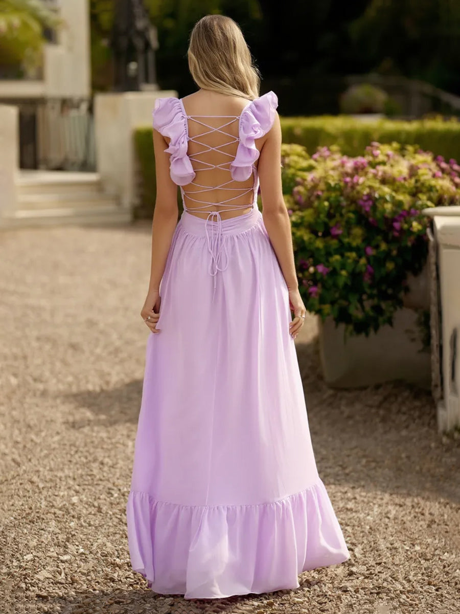 V Neck Backless Bridesmaid Dresses with Ruffles Chiffon