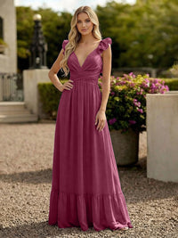 V Neck Backless Bridesmaid Dresses with Ruffles Chiffon