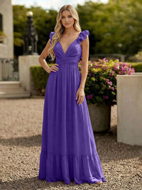V Neck Backless Bridesmaid Dresses with Ruffles Chiffon