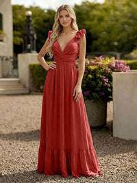 V Neck Backless Bridesmaid Dresses with Ruffles Chiffon