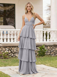 Spaghetti Straps Bridesmaid Dresses Chiffon Layered Maxi Dresses