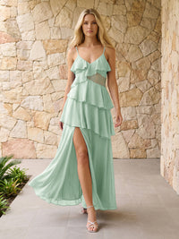 Spaghetti Straps V Neck Ruffles Chiffon Bridesmaid Dresses