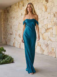 Off Shoulder Pleated Satin Bridesmaid Dresses Maxi Dresses