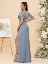 Chiffon Ruffled Short Sleeves V-Neck Ruched Waist Sheath Maxi Bridesmaid Dresses with Slit