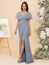 Chiffon Ruffled Short Sleeves V-Neck Ruched Waist Sheath Maxi Bridesmaid Dresses with Slit