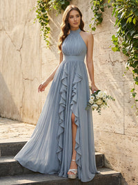 Lightweight Chiffon Halter Layered Ruffles Ruched Waist A-Line Pleated Maxi Bridesmaid Dresses with Slit