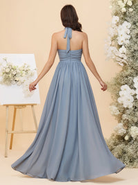 Lightweight Chiffon Halter Layered Ruffles Ruched Waist A-Line Pleated Maxi Bridesmaid Dresses with Slit