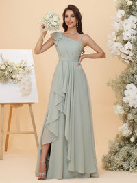 Lightweight Chiffon One Shoulder Ruched Waist Asymmetric Ruffles Maxi Bridesmaid Dresses with Slit