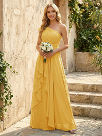 Lightweight Chiffon One Shoulder Ruched Waist Asymmetric Ruffles Maxi Bridesmaid Dresses with Slit