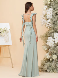 Satin Square Neck Ruched Waist Sheath Maxi Bridesmaid Dresses with Sashes