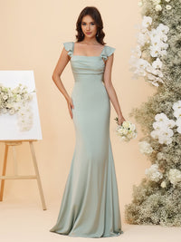 Satin Square Neck Ruched Waist Sheath Maxi Bridesmaid Dresses with Sashes