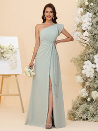 Chiffon One Shoulder Ruched Waist A-Line Maxi Bridesmaid Dresses with Slit