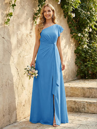 Chiffon One Shoulder Ruched Waist A-Line Maxi Bridesmaid Dresses with Slit