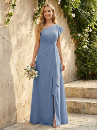 Chiffon One Shoulder Ruched Waist A-Line Maxi Bridesmaid Dresses with Slit