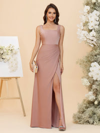 Elegant Satin Square Neck Ruched Waist Maxi Bridesmaid Dresses with Slit