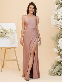 Elegant Satin Square Neck Ruched Waist Maxi Bridesmaid Dresses with Slit