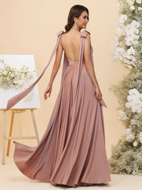 Satin Square Neck Ruched Waist Maxi Bridesmaid Dresses with Bow Shoulder Straps