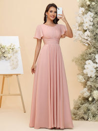 A-Line Chiffon Bridesmaid Dresses - Ruched Bodice & Flutter Short Sleeves