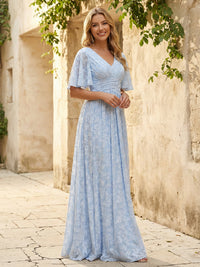 Short Sleeves Floral Chiffon Bridesmaid Dresses V Neck