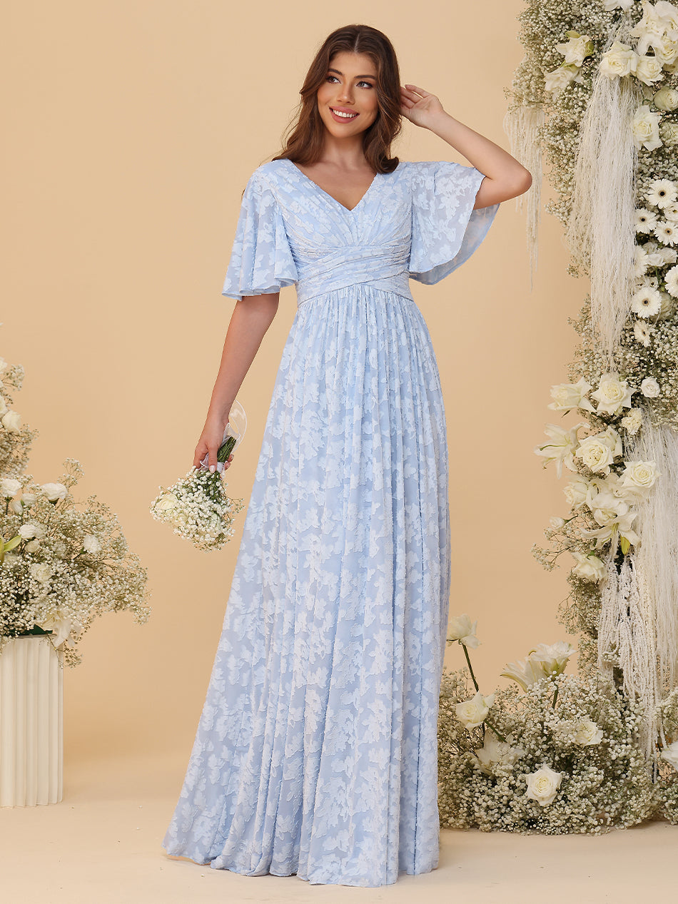 Short Sleeves Floral Chiffon Bridesmaid Dresses V Neck