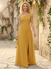 One Shoulder Chiffon Pleated Bridesmaid Dresses with Slit