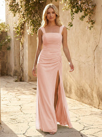 Square Neck Chiffon Pleated Bridesmaid Dresses with Slit