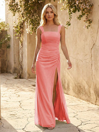 Square Neck Chiffon Pleated Bridesmaid Dresses with Slit