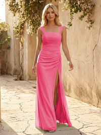 Square Neck Chiffon Pleated Bridesmaid Dresses with Slit